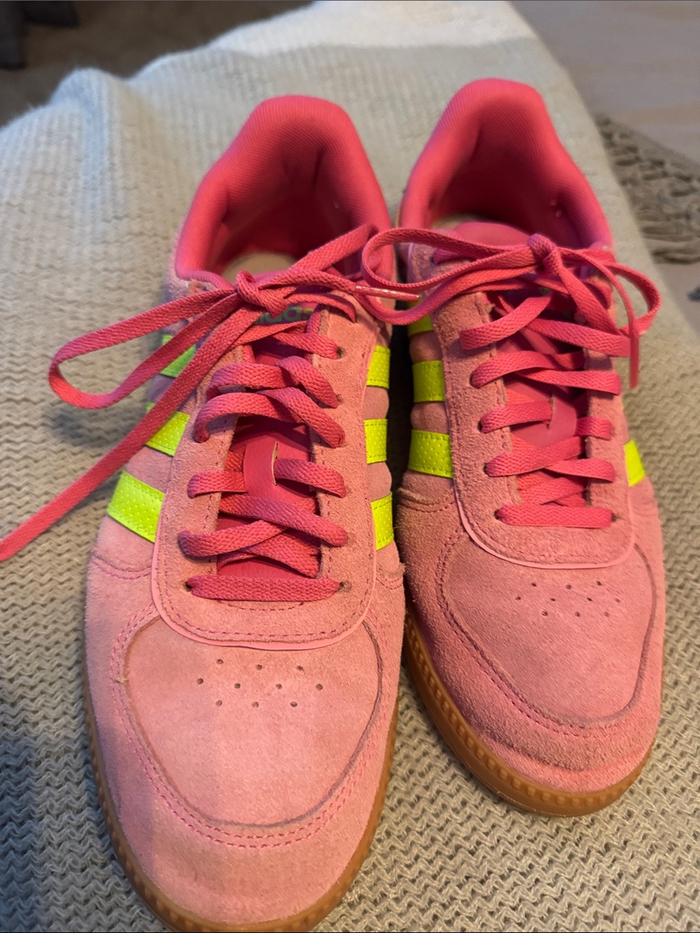 adidas Pink Suede Sneakers with Neon Yellow Stripes